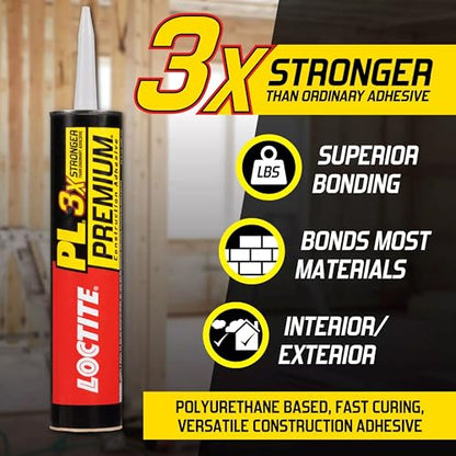 Loctite PL Premium Polyurethane Construction Adhesive, 10 fl oz Cartridge, 12 Pack - Versatile Construction Glue for Wood, Concrete, Stone, Metal & More - size: 12 Pack