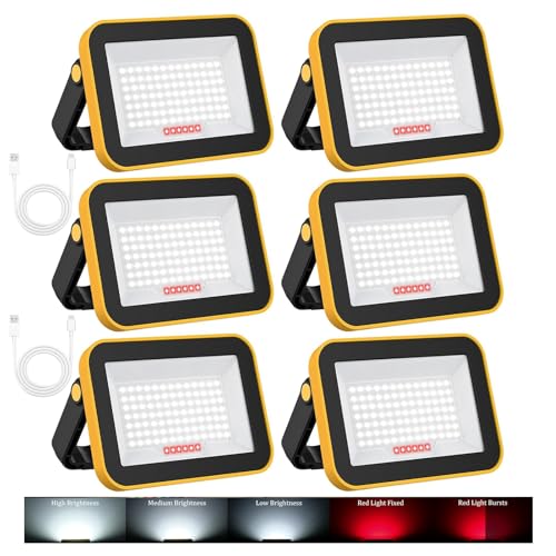LED Work Light with Stand, 6-Pack, Rechargeable, Multi-Brightness Modes, White & Red Light, Black & Yellow - size: SMD-6Pack