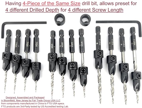 FTG USA 12 Pc Set (4 Each #4#6#8) Tapered Countersink Drill Bit Hex Shank - size: #4#6#8, style: Same Sort 4 Pc