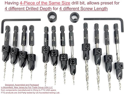 FTG USA 12 Pc Set (4 Each #4#6#8) Tapered Countersink Drill Bit Hex Shank - size: #4#6#8, style: Same Sort 4 Pc