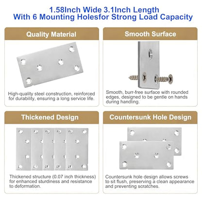 20Pack Stainless Steel Flat Bracket Mending Plate,Stainless Steel Mending Joining Plates，Heavy Duty Flat Bracket Metal Mending Plates for Wood, Shelves, Furniture, Cabinet ,3.15X1.57X0.08IN - size: 20Pack-3Inch