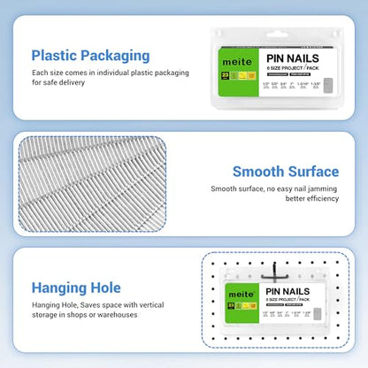 meite 23 Gauge Pin Nails, Assorted 6 Sizes (1/2", 5/8", 3/4", 1", 1-3/16", 1-3/8") Micro Headless Piner Nails - Galvanized 23GA Pins Nails for Nail Gun, Ideal for Trim Work (6,000 Counts)