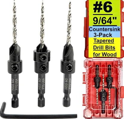 FTG USA 3-Pk #6 (9/64") Countersink Drill Bit Set, 1 Stop, 1 Wrench & Case - size: #6, style: 3 Pc with Depth Stop and Case