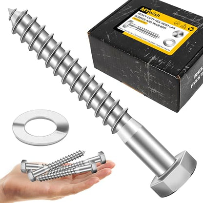 Mywish (25Sets) 1/2" x 3-1/2" Lag Bolts, 304 Stainless Steel 1/2 inch Lag Screws Bolts for Wood, Heavy Duty Hex Head with Flat Washers Bolt Kit, Bright Finish - size: 1/2 x 3-1/2"