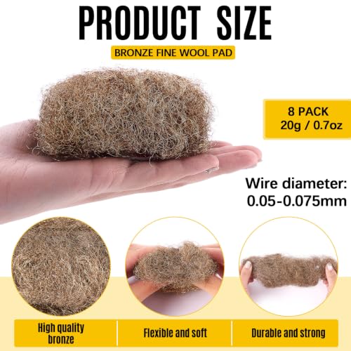 Teenyyou 8 Pcs Brass Wool Pad, 0.05 to 0.075mm, 0.7 Ounce, Bronze Wool 0000