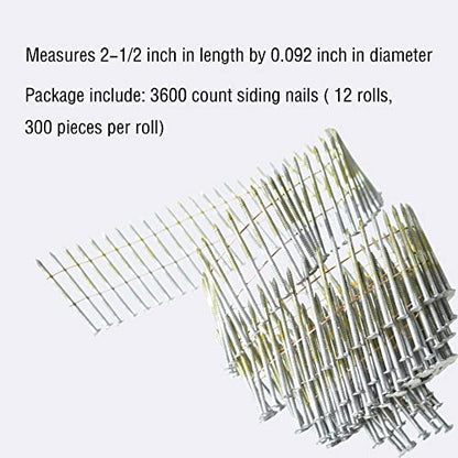 Wire Coil Siding Nails - 2-1/2 x 0.092 Ring Shank 15 Degree Full Round Head Siding Nails, 3600 Count Hot-Dipped Galvanized for Rough Nailing of Lathing and Sheathing Materials - size: 0.092*2-1/2in