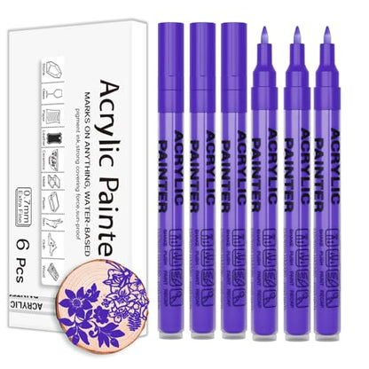 Purple Acrylic Paint Pens 6 Pcs Permanent Marker Pens Extra Fine - color: Purple