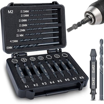 Topec 16PCS Damaged Screw Extractor Set and Left Hand Drill Bit Set, Easy Out Screw Extractor Set with Storage Case, Suitable for Remove Broken, Rusty, Stripped Screw - size: 16 Pieces