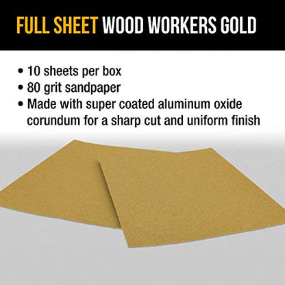 Dura-Gold Premium 9" x 11" Gold Sandpaper Sheets, 80 Grit (Box of 8) - Wood - size: 80-Grit