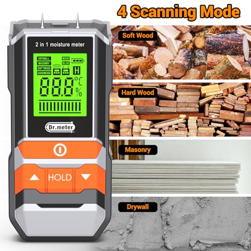 Dr.meter 2 in 1 Pin & Pinless Wood Moisture Meter for Wood Drywall