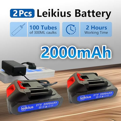Electric Caulk Gun with LED Light, 6 Speed Adjustment for Kitchen Bathroom Filling, Sealing,Cordless Caulking Gun with 2x 2000mAh Batteries,Charger, Caulk Finish Tools,Nozzle and Knife