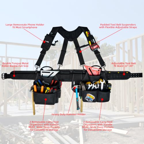 MELOTOUGH Tool Belt with Suspenders Tool Bag Supenders Framers Comb Apron Tool Belt Construction Tool Pouch Builder Heavy Duty Carpenter Suspension Rig for Electrician, Roofing,Contractor
