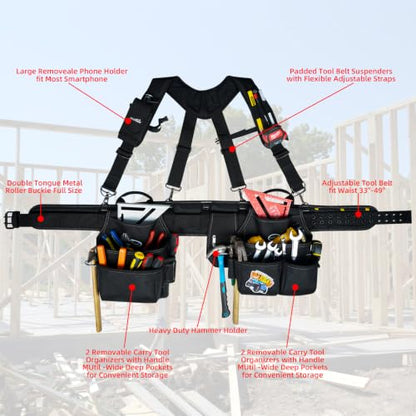 MELOTOUGH Tool Belt with Suspenders Tool Bag Supenders Framers Comb Apron Tool Belt Construction Tool Pouch Builder Heavy Duty Carpenter Suspension Rig for Electrician, Roofing,Contractor