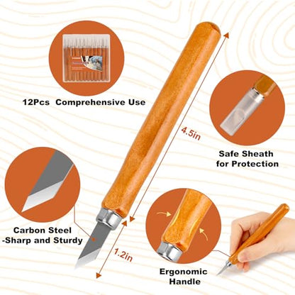 Wood Carving Tools, 14Pcs Wood Carving Knife Kit Carbon Steel, Wood Chisels Set for Pumpkins Soap Sculpture Carving DIY (12 Styles)