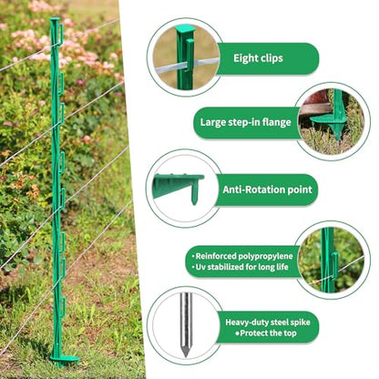 50PCS 48" Plastic Step-in Electric Fence Posts with Clips, Green - color: Green-50PCS