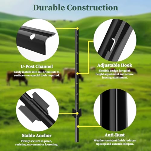 Metal Fence Posts Heavy Duty U-Post Stakes for Wire Fencing, 4 FT Black - color: Black, size: 4FT-10P