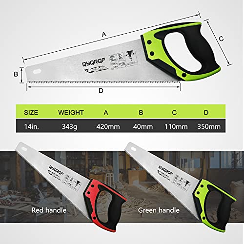 14 in. Pro Hand Saw, 11 TPI Fine-Cut Soft-Grip Hardpoint Handsaw Perfect for Sawing, Trimming, Gardening, Cutting Wood, Drywall, Plastic Pipes, Sharp Blade, Ergonomic Non-Slip Handle (green) - color: Green-14 Inch