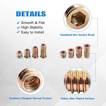 Glarks 50Pcs 1/4"-20x10mm Threaded Inserts Nuts Zinc Plated Carbon Steel Hex Socket Drive Furniture Flanged Screw-in Nut with M6 Hex Wrench for Wood Furniture (1/4"-20 x 10mm) - size: 1/4"-20 x 10mm