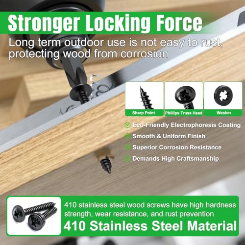 Twidec/821PCS Wood Screws 410 Stainless Steel Assortment Kit,#8#10 Phillips Truss Head Wood Screws,High Hardness Black Self Tapping Screws 1/2”,5/8”,3/4”,1”,1-1/4” for Indoor Furniture,Woodworking - size: 821PCS