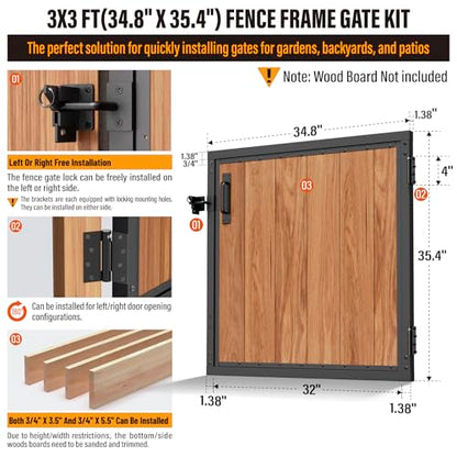 3x3FT Fence Gate Frame Kit 201 Stainless Steel Heavy Duty Garden Gates Anti-Sag Backyard Front Gate Reinforcement Hardware, Left/Right Mount (No Wood Planks Included) - color: W3xH3ft