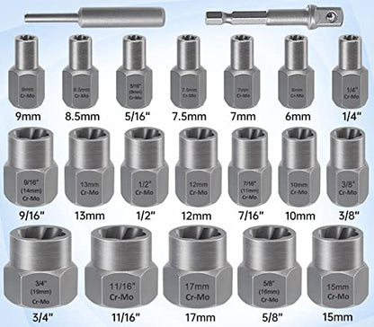XEWEA 21PCS Bolt Nut Extractor Set, 3/8" Drive Easy Out Socket Remover - size: 21PCS