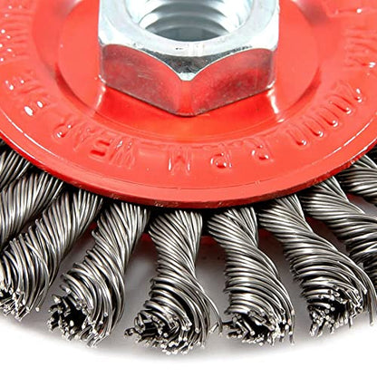 Forney 72760 Wire Wheel Brush, Stringer Bead Twist with 5/8-Inch-11 Threaded Arbor, 4-Inch-by-.020-Inch