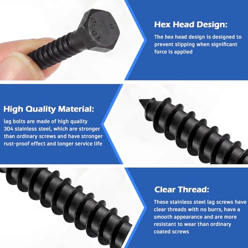 Zonon 100 Pcs 1/4" x 1-1/2" Hex Head Lag Screws 304 Stainless Steel Lag Bolts Heavy Duty Hexagon Head Wood Screws, Black