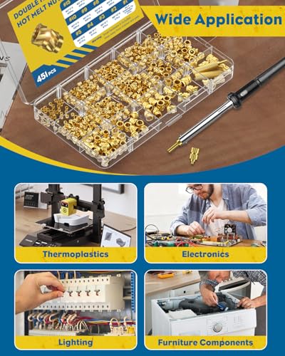 Vibit 451 Pcs Threaded Inserts for Plastic, M2 M2.5 M3 M4 M5 M6 Heat Set Inserts with Soldering Tip & Adapter, Brass Heat Inserts, Metric Knurled Nut Inserts Kit for 3D Printing Components - size: 451 Pcs (Threaded Inserts Ket)