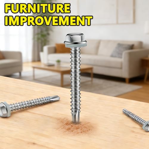 #8 x 1 Self Tapping Screws, 410 Stainless Steel Hex Washer Head (100pcs) - size: #8x1''-100Pcs