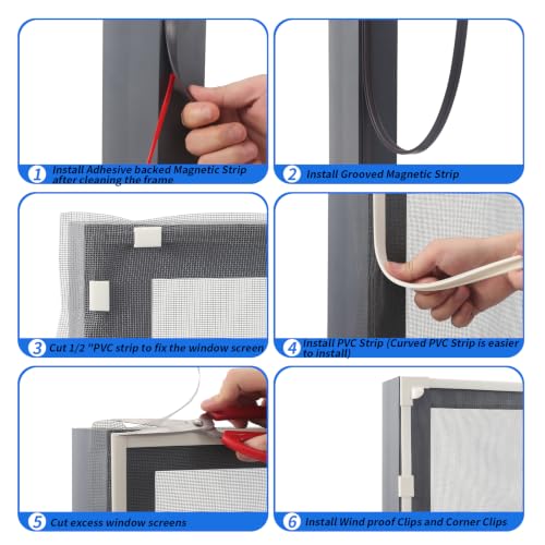 Adjustable Magnetic Seamless Fiberglass Window Screen mesh Replacement kit - Ventilation and Breathable Window Netting Repair Kit for Basement/Patio/Bathroom Vents/Bedroom Window Sills - size: frame:33'+screen:59"×99"x2
