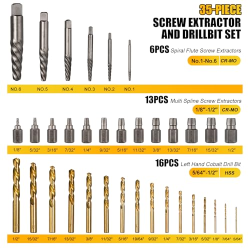 Topec 35-Piece Screw Extractor and Left Hand Drill Bits Set, Easy Out Screw Extractor Set with Reverse Drill Bits, Multi-Spline Extractors for Removing Broken Bolts and Stripped Screws - size: 35 Piece