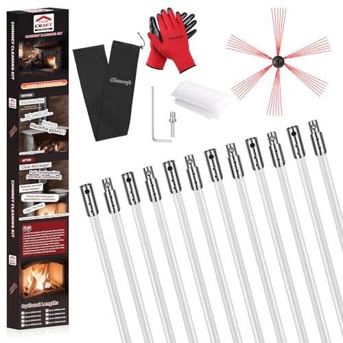 39 Feet Chimney Sweep Kit, Chimney Cleaning Kit with 12 Flexible White Chimney Rods, Chimney Brush for Sweeping Fireplace, Rotary Chimney Cleaning System Driven by Drill - size: 39 Feet