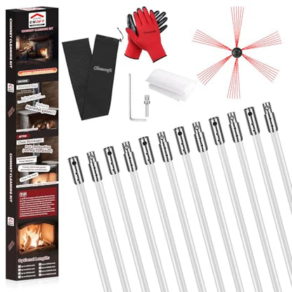 39 Feet Chimney Sweep Kit, Chimney Cleaning Kit with 12 Flexible White Chimney Rods, Chimney Brush for Sweeping Fireplace, Rotary Chimney Cleaning System Driven by Drill - size: 39 Feet