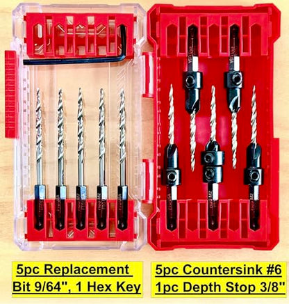 FTG USA 5 Pc #6 (9/64") Countersink Drill Bit Set with 5 Replacement Bits - size: #6