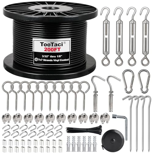 TooTaci 1/8" Wire Rope Kit, 200FT Black Vinyl Coated Stainless Steel Cable - color: Black, size: 200FT-1/8 Black Vinyl Coated Cable