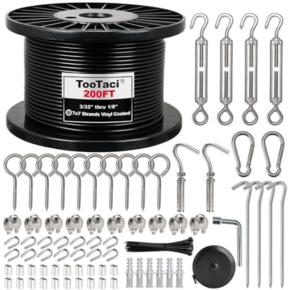 TooTaci 1/8" Wire Rope Kit, 200FT Black Vinyl Coated Stainless Steel Cable - color: Black, size: 200FT-1/8 Black Vinyl Coated Cable