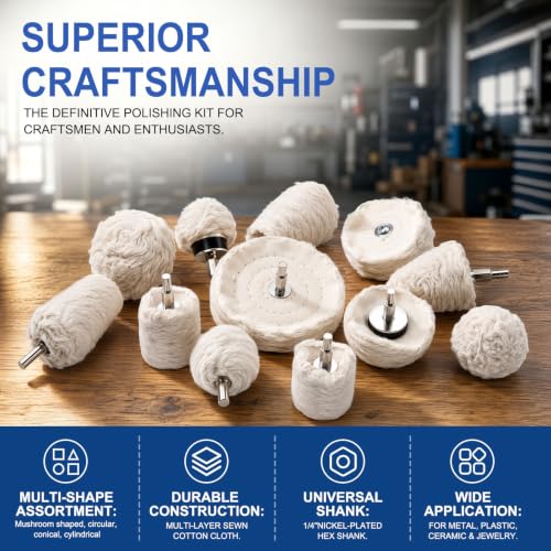 Tnisesm 12Pcs Polishing Pad Buffing Wheel Kit for Metal Aluminum Stainless Steel Chrome Wood Plastic Ceramic Glass Woods Fabric Cotton Machine Jewelry etc - color: white-12PCS
