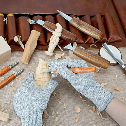 Wood Carving Kit, 20Pcs Wood Carving Tools with Leather Storage Bag, Whittling Kit with 3Pcs Chisels & 8Pcs Whittling Knives & 5 Detail Knives for Beginners and Enthusiasts