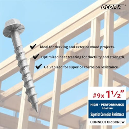Connector Screws, #9 x 1-1/2" Heavy-Duty Joist Hanger Screws, 1/4" Hex Head with 0.370"-Dia, Replace 9112R500 10D Nails, Prem-Galvanized, Corrosion-Resistant and Wear-Resistant. (500-Qty)