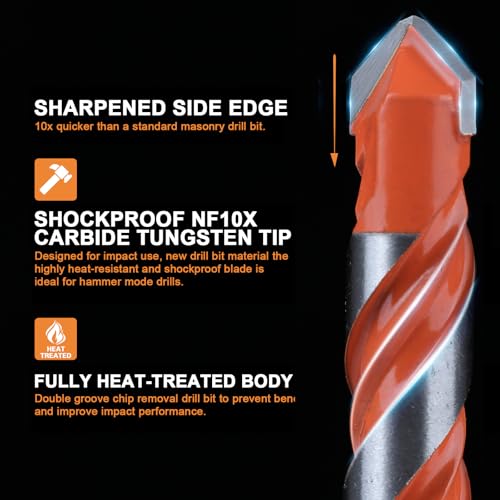 Concrete Carbide Drill Bits, Hex Shank Masonry Drill Bit,5/32"-1/2"(10PCS) - size: 5/32"-1/2"