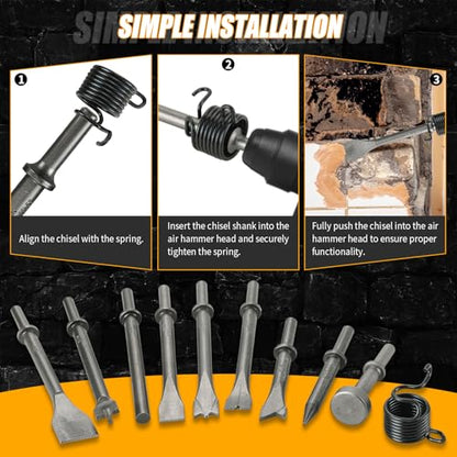 10pcs Air Hammer Chisel Set, 0.401" Pneumatic Hammer Bits with Spring