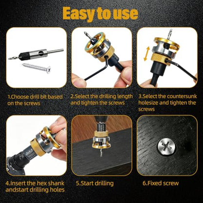 Burmong 4-piece Countersink Drill Bit Set with Adjustable Depth Stop & L-Wrench, Hcs Four-Flute Drill Set for Wood, Plastic, and DIY Projects