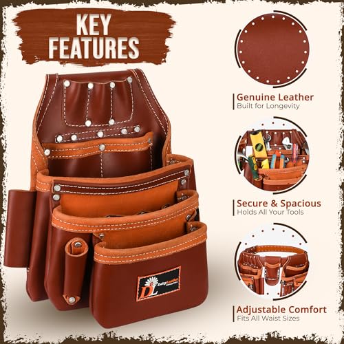 Daisy Leather Tool Belt Pro-202, 28 Pockets, Top Grain Leather, 2.5-inch Padded Belt, Fits 30-52 inch Waist, X-Large (Cherry, X-Large) - color: Cherry