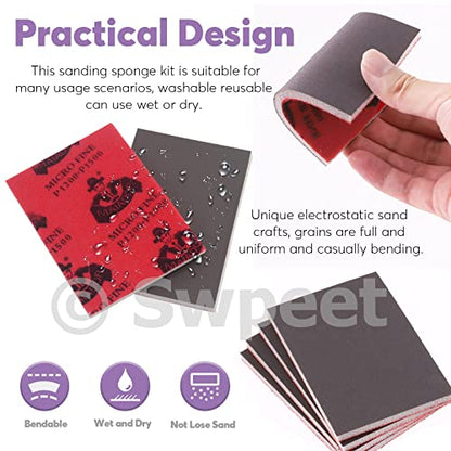 Swpeet 32Pcs 5 Sizes #240-5000 Grit Ultra Fine Sanding Sponge Sanding Pads and 6 Sizes Grit Wet Dry Sandpapers Sheets Assortment Kit, Soft Foam Sand Block Wet Dry Flexible Sanding Pads - size: Assortment Kit