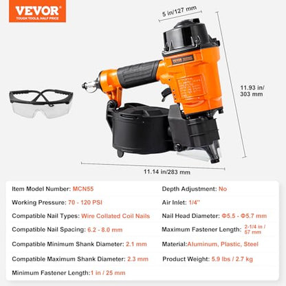 VEVOR MCN55 Coil Siding Nailer, 70-120PSI Air Coil Nailer 1 inch to 2-1/4 inch 15 Degree Pneumatic Siding Nail Gun for Siding, Pallet Sheathing, Fencing, Decking - size: 11.14 x 11.93 x 5 in