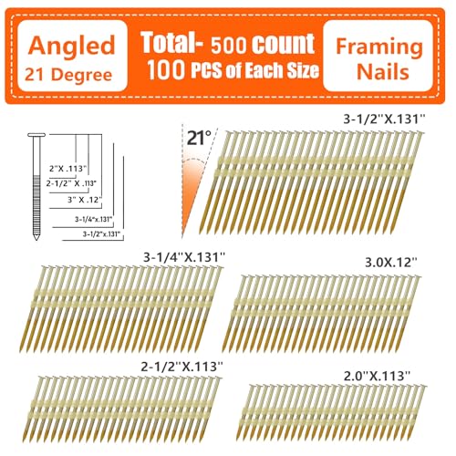 HDG 21 Degree Framing Nails Ring Shank 5 Assorted Sizes 500 PCS - size: 5 Assorted Sizes-500 PCS