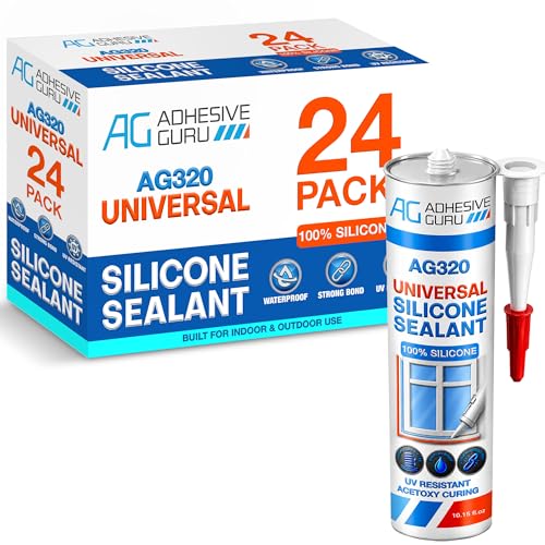 Adhesive Guru Clear Silicone Sealant Waterproof (24 x 10.15 fl.oz.), All Purpose 100% Silicone Caulk, Weatherproof & Flexible Adhesive Sealant for Indoor and Outdoor Use, Transparent - 24 Pack - size: 24 Pack