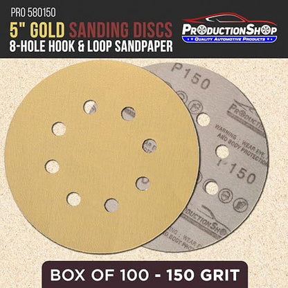 ProductionShop Premium 150 Grit 5" Gold Sanding Discs, 8-Hole Pattern, Box of 100 - Dustless Hook & Loop Backing Sandpaper for DA & Random Orbital Sanders, Sand Auto Paint, Wood Woodworking Furniture - style: 150 Grit