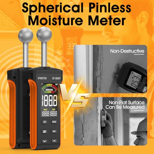 BTMETER Wood Moisture Meter - Pinless Moisture Detector Measur Depth 20-40mm Non-Destructive Moisture Tester with Masonry Spherical Sensor Sound Alarm LCD Display for Firewood Walls Flooring Concrete
