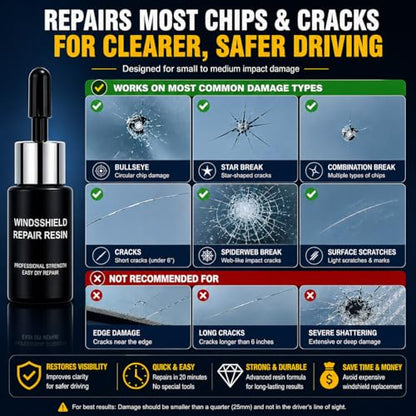 Windshield Repair Kit for quick DIY repair of small chips and cracks. Resin fills damage to improve clarity and reduce visibility. Suitable for bullseye, star, and minor damage. Easy home use